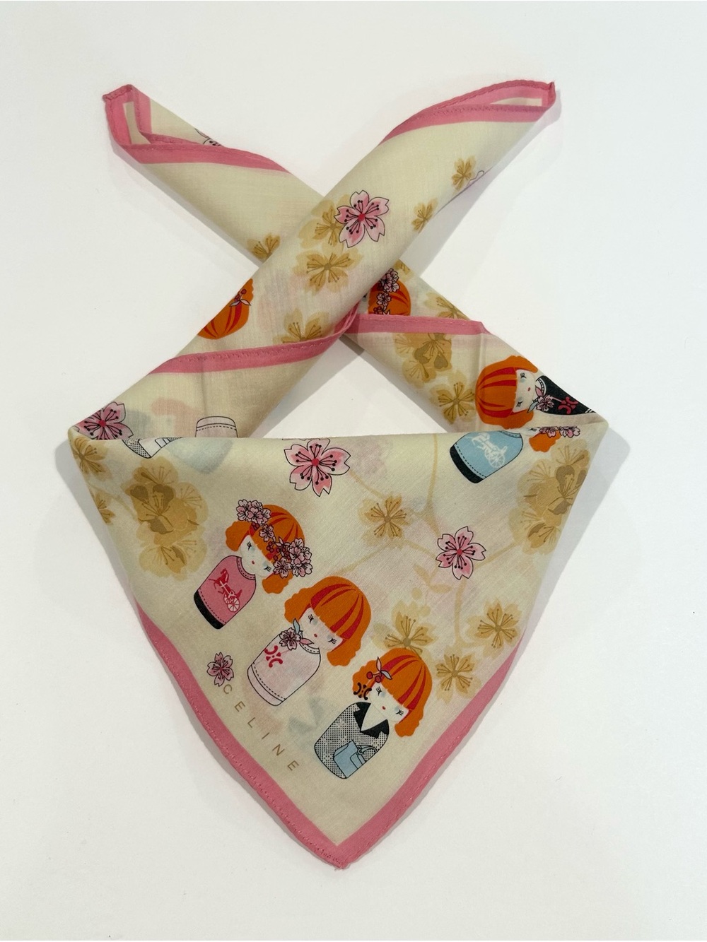 WOMEN HANDKERCHIEF CELINE Kokeshi Doll Floral BANDANA COTTON POCKET SQUARE 19”